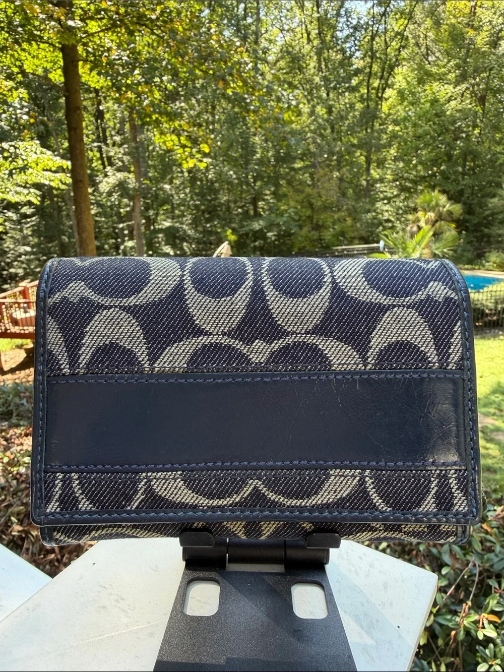 Coach Signature Denim Canvas and Navy Leather Compact Wallet